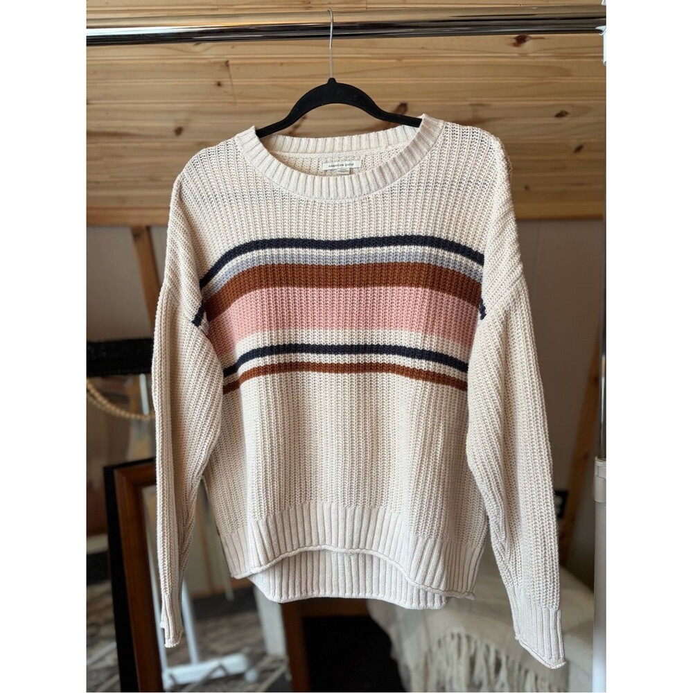 American Eagle Women Striped Crewneck Cream Sweater Pink Navy & Brown Accents